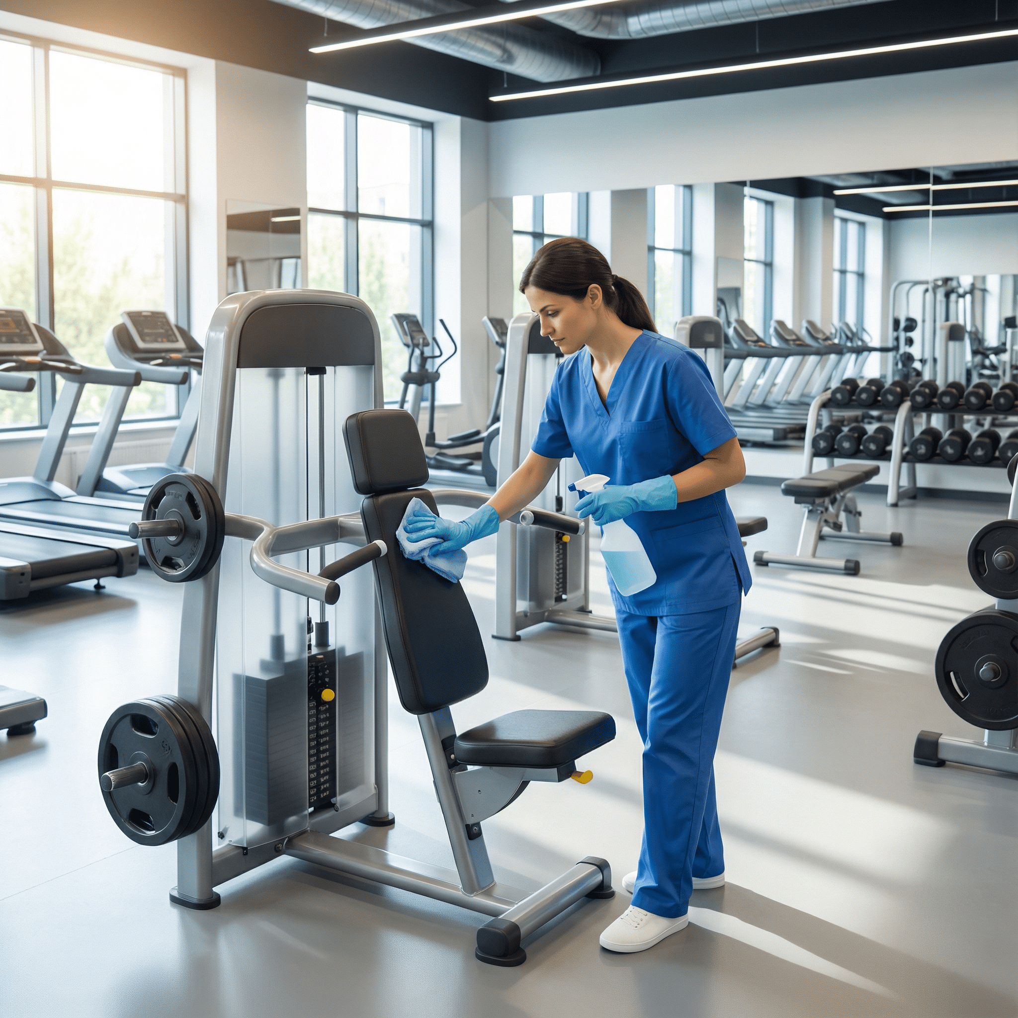Agent nettoyant une machine de musculation en salle.