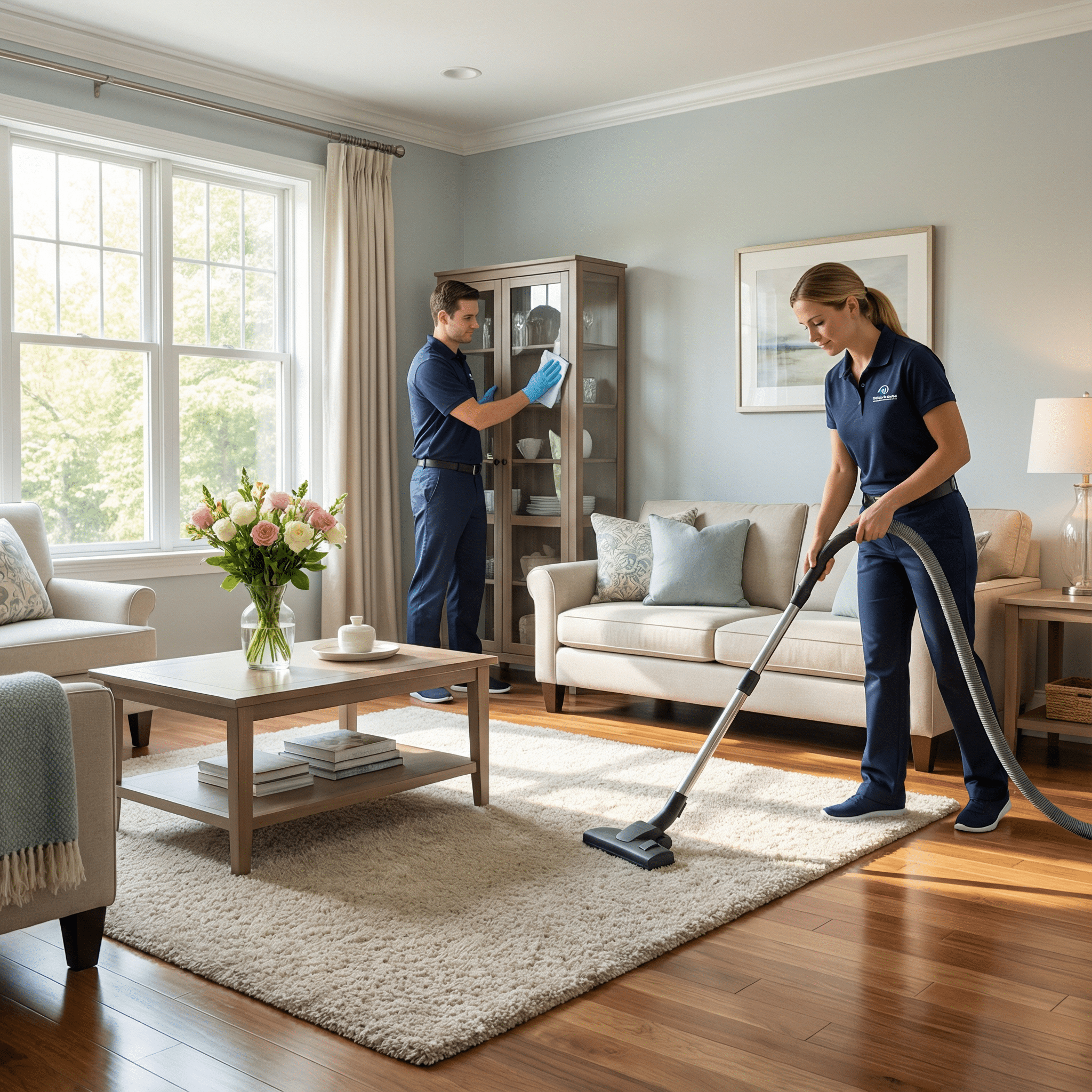 Agents d’entretien nettoyant un salon lumineux